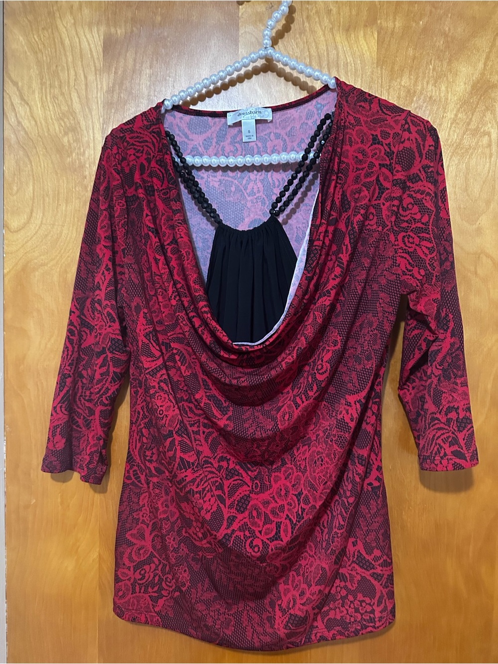dressbarn Red and Black Floral Cowl Neck Blouse